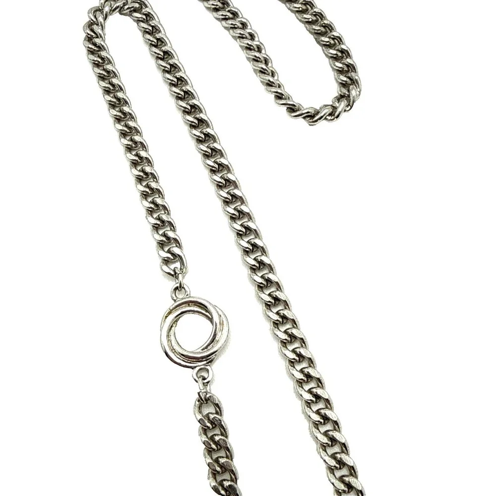 Vintage 70s MONET Silver Tone Station Chain Necklace Double Ring Long Curb 55”